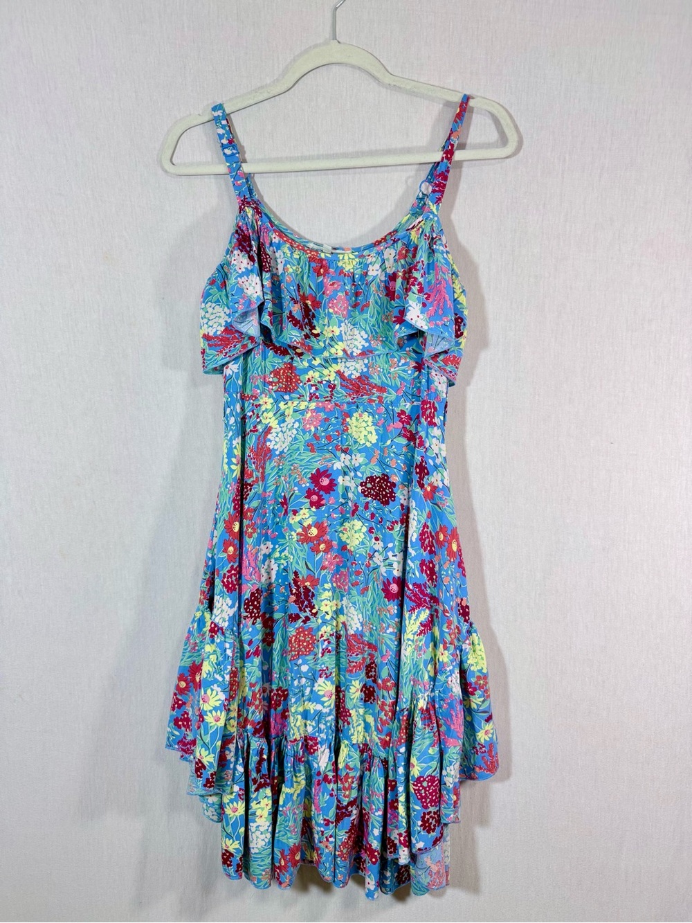 Abel the Label XS Candy Floral Mini Dress Bright Floral Ruffle Sundress in Blue